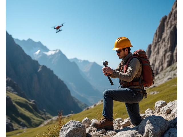 Geólogo con mapa topográfico y perforadora en campo montañoso